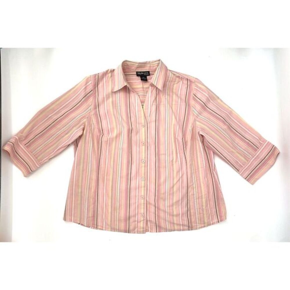 Style & Co. Pink & Yellow Stripes Fitted Cotton Women's Blouse Size 18 W